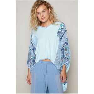 POL Women's Light Blue and Blue Patterned Blouse